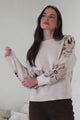 Breezy Jumper - Crew Neck Long Sleeve Floral Knit with Ribbed Hemlines in Beige