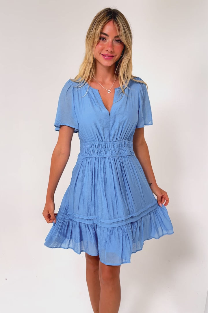 Payton Mini Dress - Pleat Detailed A-Line Dress with Cap Flutter Sleeves in Blue