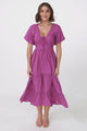 Ellen Midi Dress - Pull In V Neckline Dress With Cap Balloon Sleeves In Purple