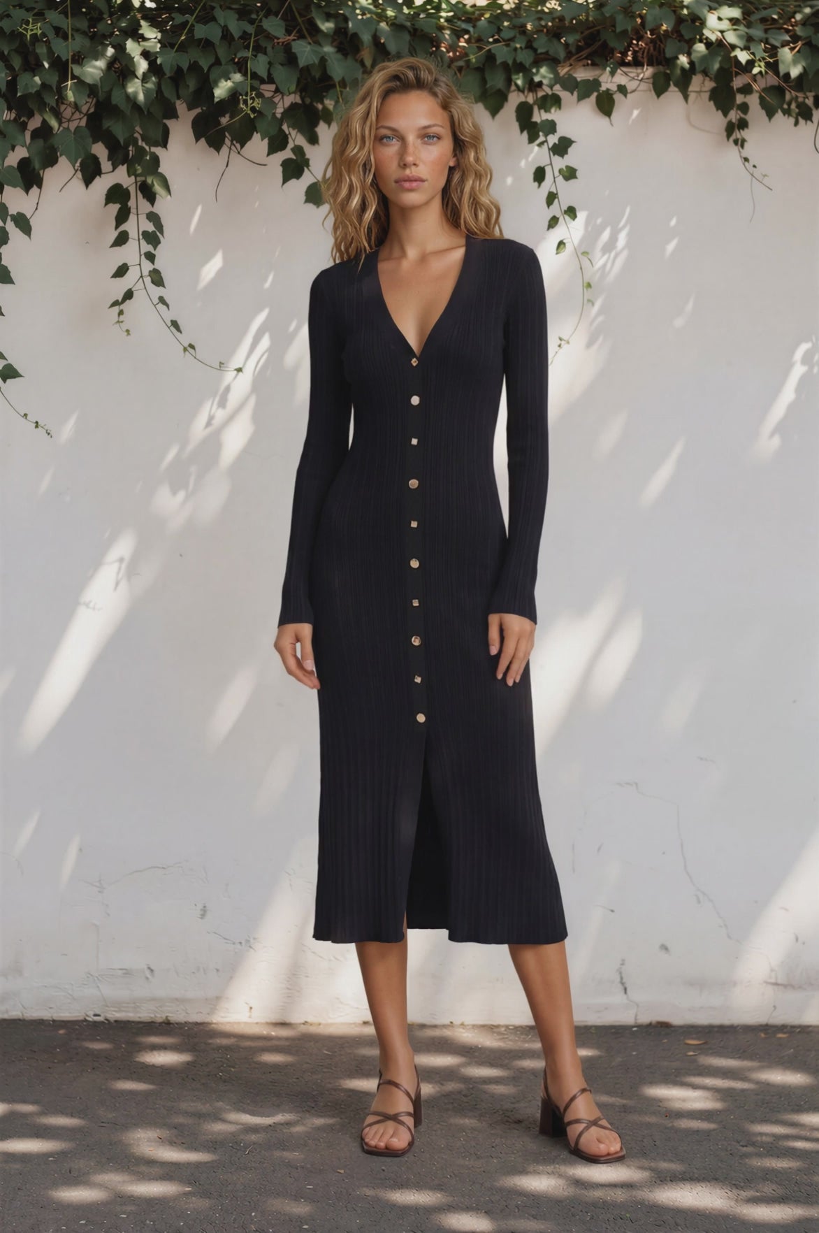Alexander Knit Midi Dress - Ribbed Knit Dress with Long Fitted Sleeves in Black