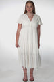 Milla Midi Dress - Tiered Cap Sleeve Button Down Linen Dress in White