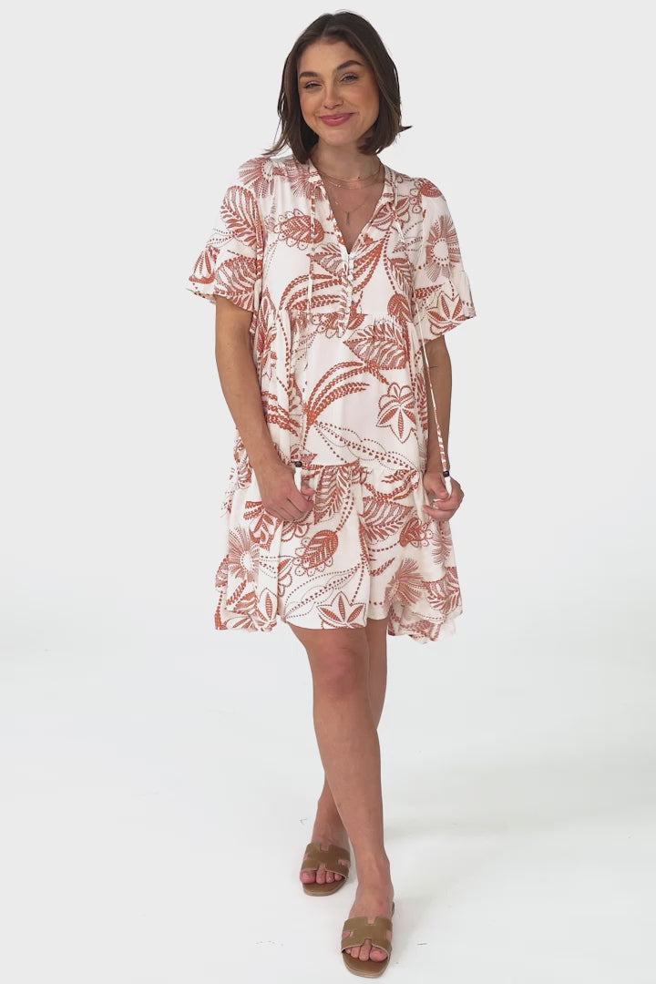 Abilia Mini Dress - Mandarin Collar Smock Dress in Havanna Print Cream