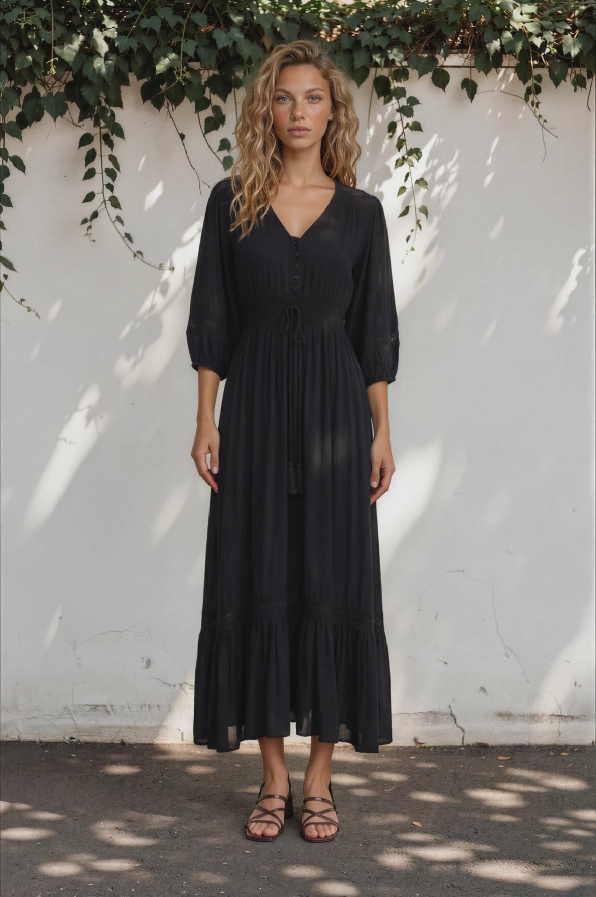Kiaba Maxi Dress - V-Neck Buttoned Bodice 3/4 Sleeve A-Line Dress with Lace Inserts in Black