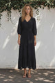 Kiaba Maxi Dress - V-Neck Buttoned Bodice 3/4 Sleeve A-Line Dress with Lace Inserts in Black