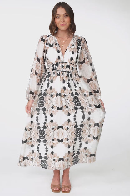 Helia Midi Dress - V Neck A Line Dress with Cinched Waist in Calea Print Beige