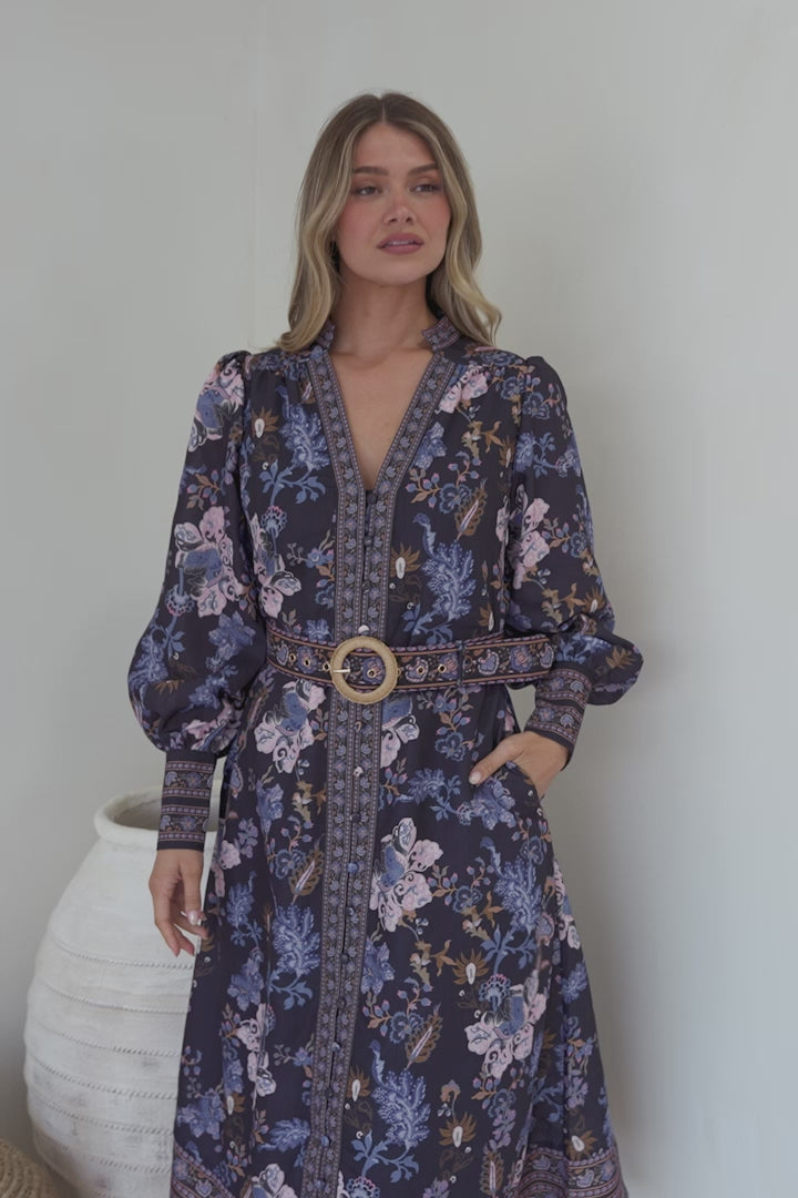 Shaylee Midi dress - Mandarin Collar Deep V-Neck A Line Button Down with Matching Belt in Luella Print