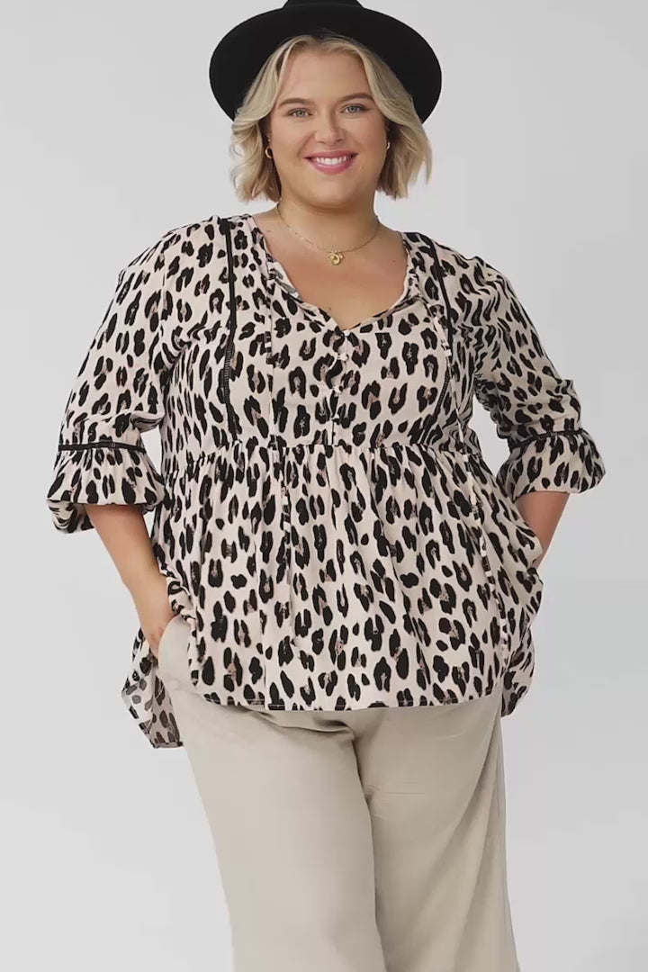 Dido Top - 3/4 Sleeve Smock Top with Lattice Inserts in Leopard