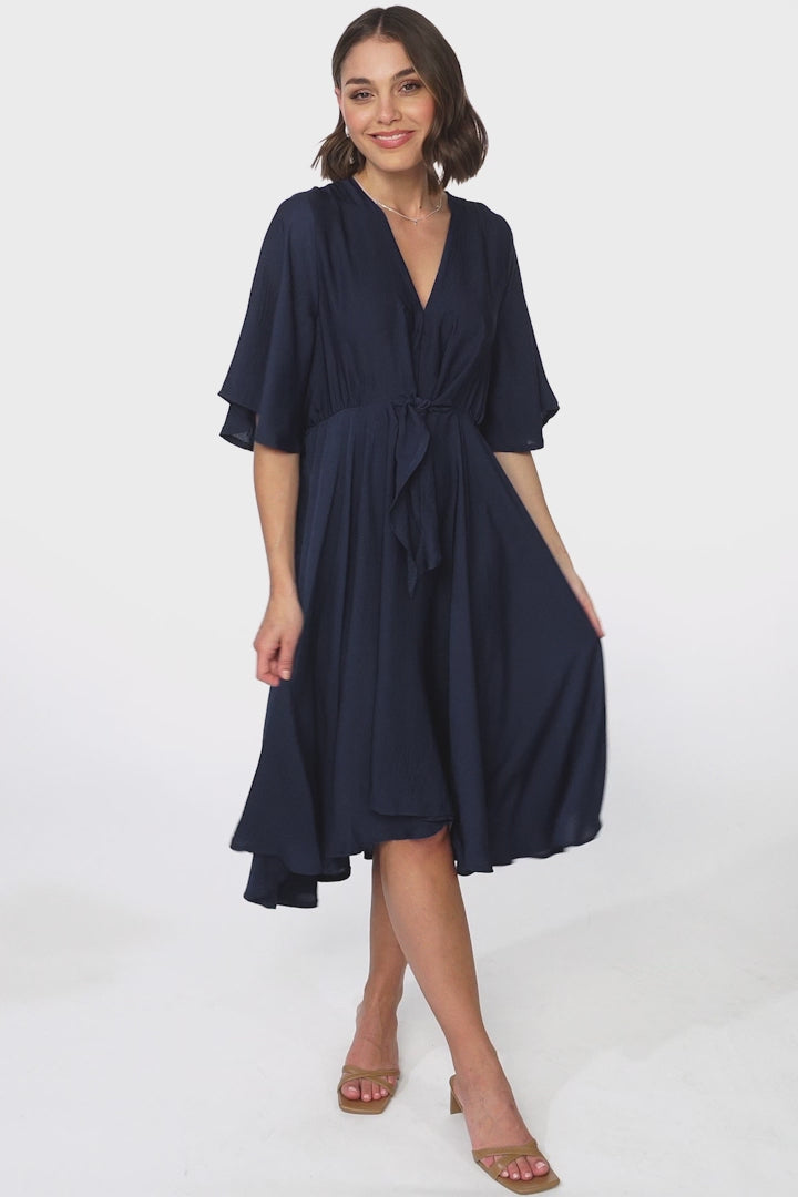 Satina Midi Dress - A Line Dress with Bell Sleeves in Navy