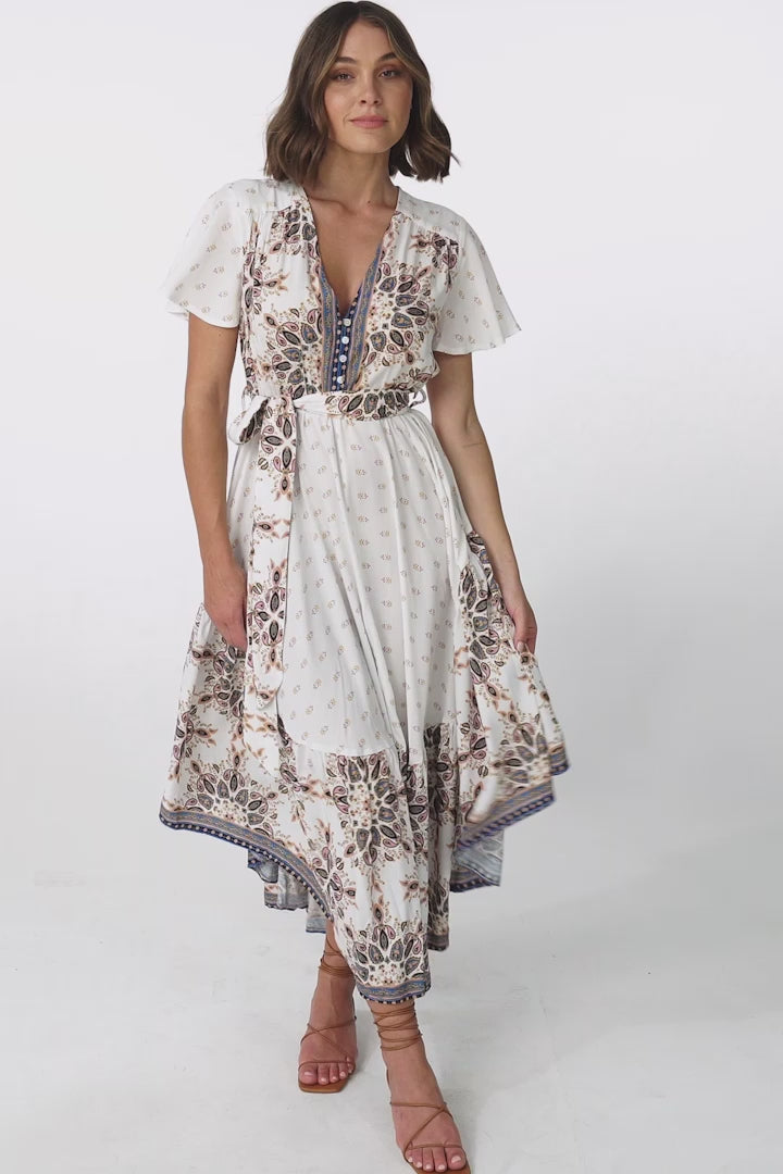 JAASE - Taurus Maxi Dress: Flutter Cap Sleeve Deep V Neck Handkerchief Hem Dress with Matching Waist Tie in Gemstone Print