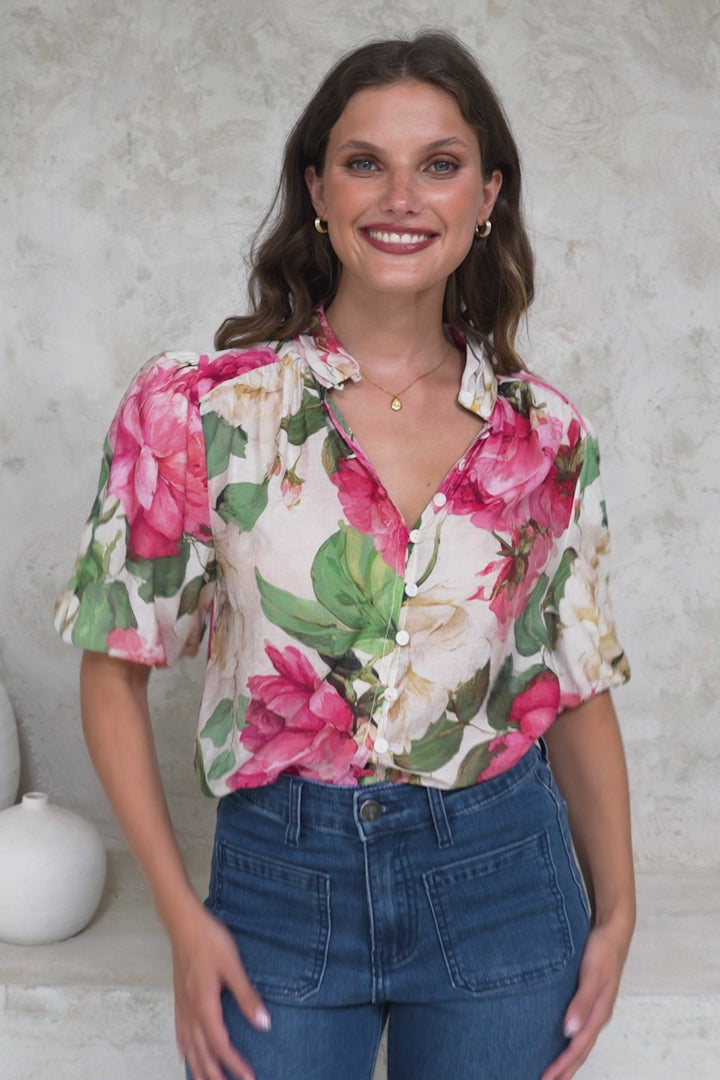 Sylvie Blouse - Pleated Mandarin Collar Button Front Short Sleeve Blouse in Primrose Print Pink