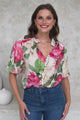 Sylvie Blouse - Pleated Mandarin Collar Button Front Short Sleeve Blouse in Primrose Print Pink