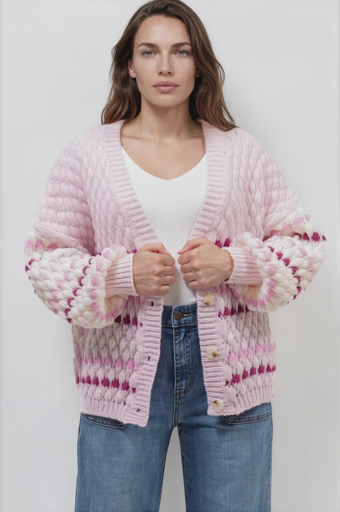 Lyla Cardigan - V Neck Button Front Bubble Knit with Contrast Stripes in Pink