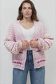 Lyla Cardigan - V Neck Button Front Bubble Knit with Contrast Stripes in Pink