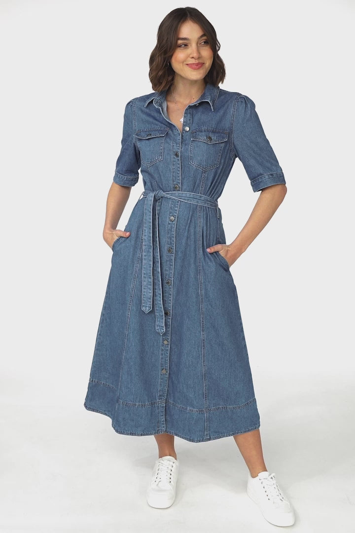 Candice Denim Midi Dress - Short Sleeve Button-Down Dress with Belt in Medium Denim