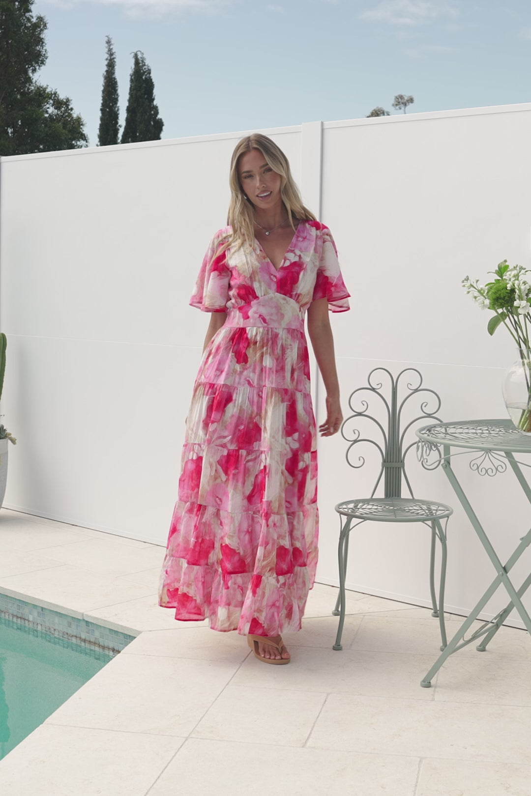 Jasmin Maxi Dress - V Neck Tiered A Line Dress with Flutter Sleeves in Avelina Print Pink