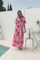 Jasmin Maxi Dress - V Neck Tiered A Line Dress with Flutter Sleeves in Avelina Print Pink