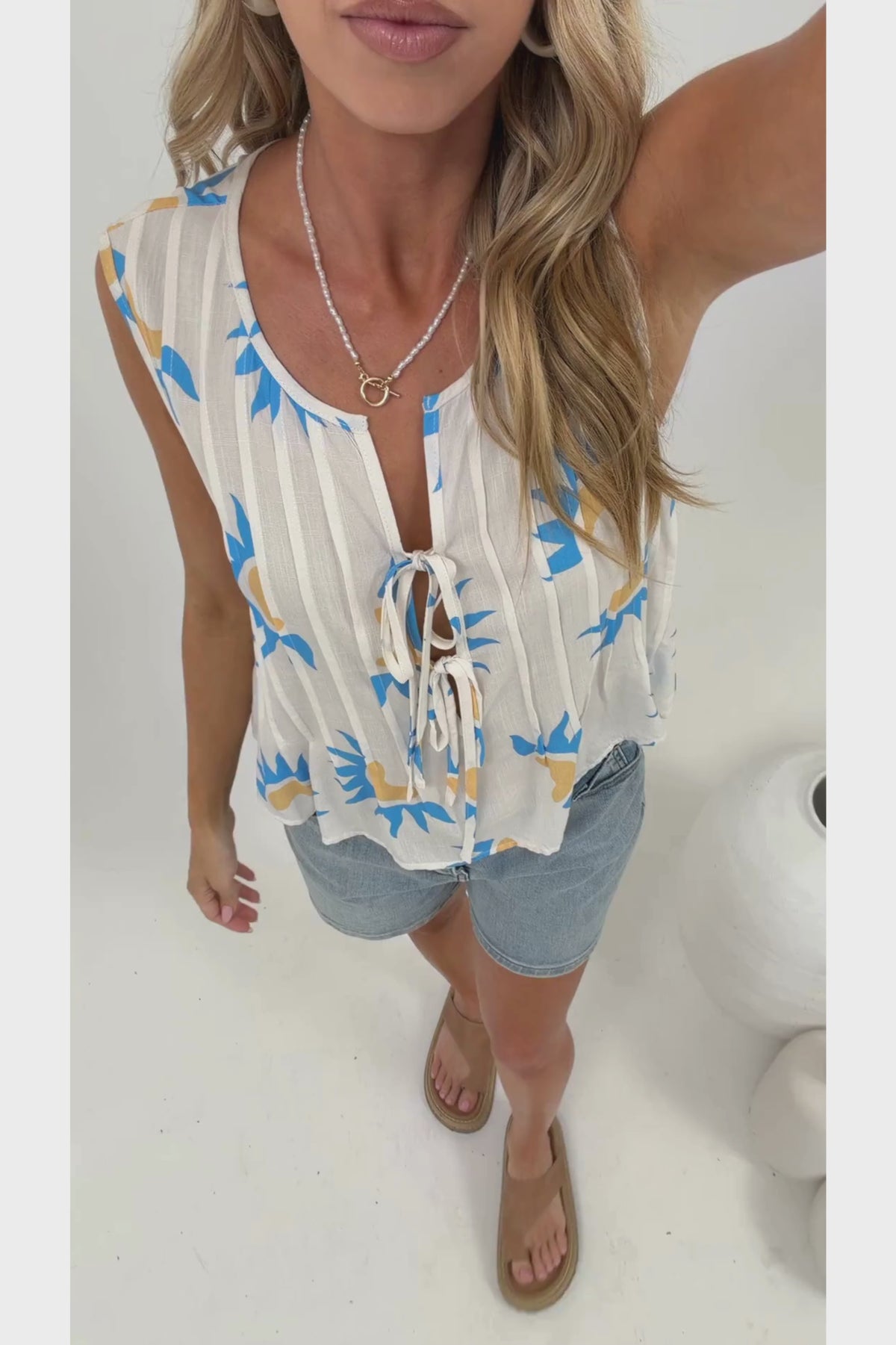 Natalia Top - V Neckline Pintuck Top in Aloha Sunset Print