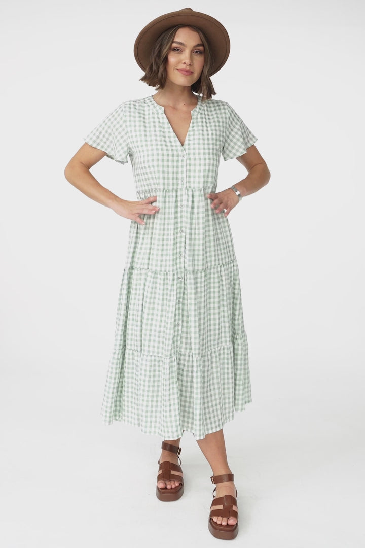 Milla Midi Dress - Tiered Button Down Dress in Gingham Mistee Print Green