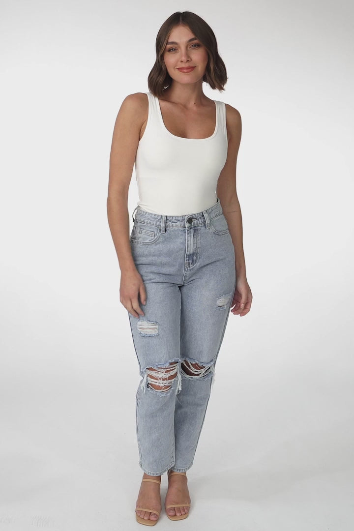 Amanda Boyfriend Jeans - High Waisted Distressed Ripped Knee Boyfriend Jeans in Light Denim