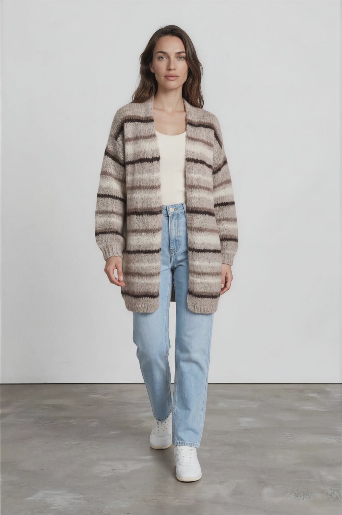 Delaney Cardigan - Open Front Stripe Knit with Pockets in Brown