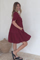 Monique Mini Dress - Mandarin Collar Smock Dress in Wine