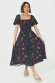 Shira Midi Dress - On Or Off Shoulder Elasticated Bodice Dress With Short Balloon Sleeves In Kalista Print Navy