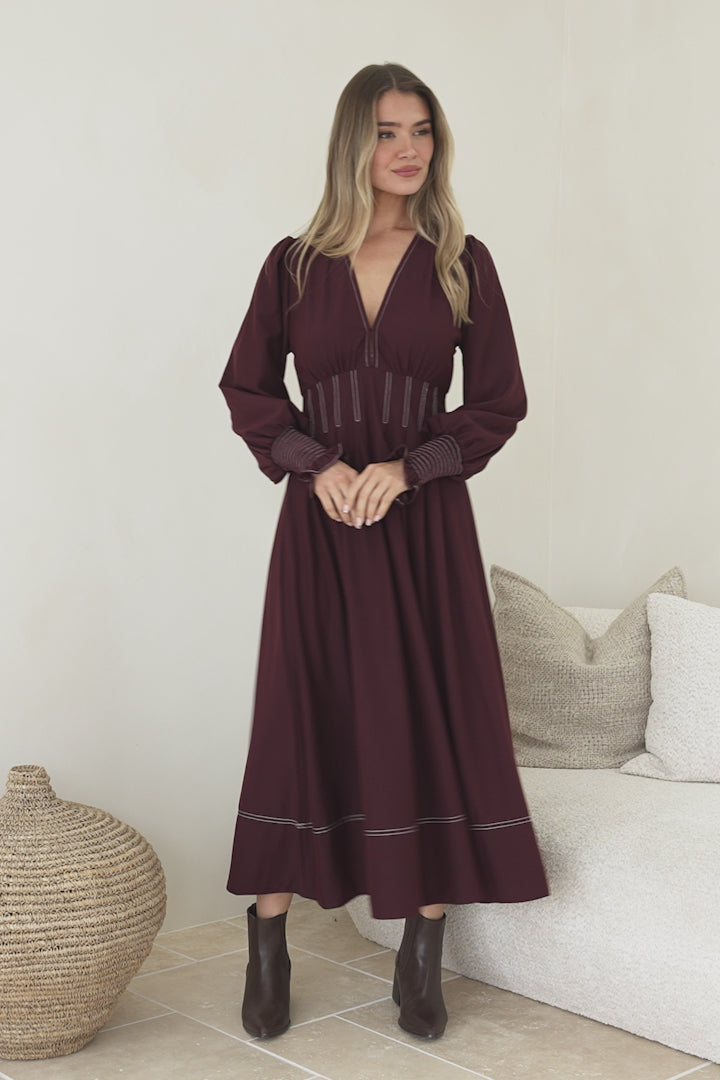 Karey Midi Dress - Fit and Flare Contrasr Stitching Dress in Wine