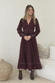 Karey Midi Dress - Fit and Flare Contrasr Stitching Dress in Wine