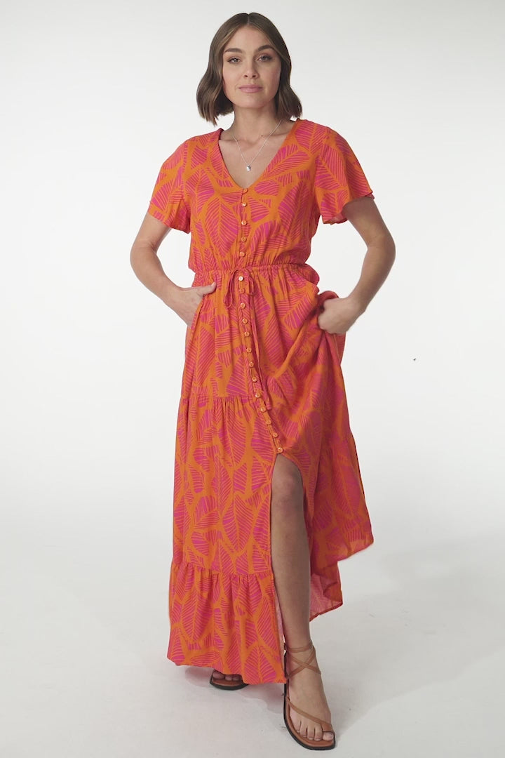 Havanah Maxi Dress - Button Through A Line Dress With Waist Tie In Orange