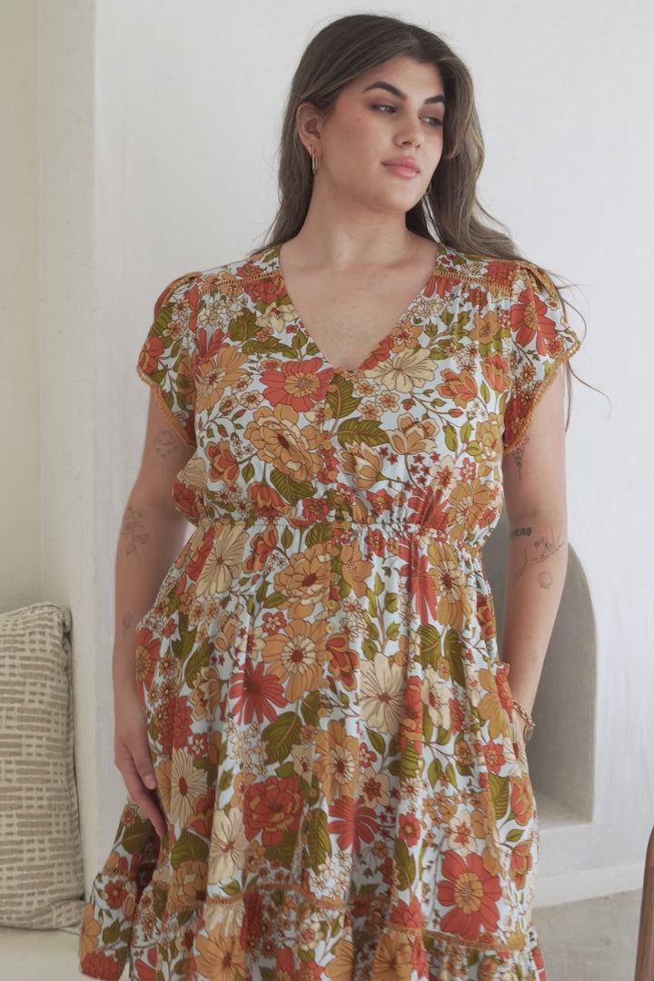 JAASE - Lizzie Mini Dress: Butterfly Cap Sleeve Button Down Dress with Pockets in Mimosa Print