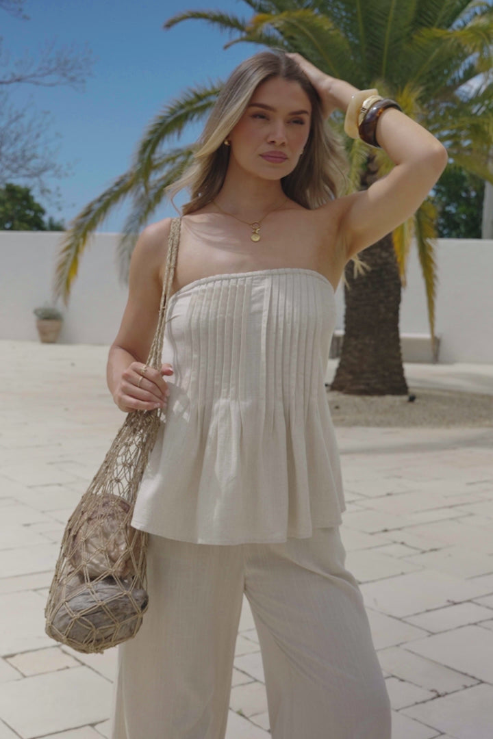 Vanity Two Piece Set - Strapless Pleated Top and Long Pants in Oatmeal