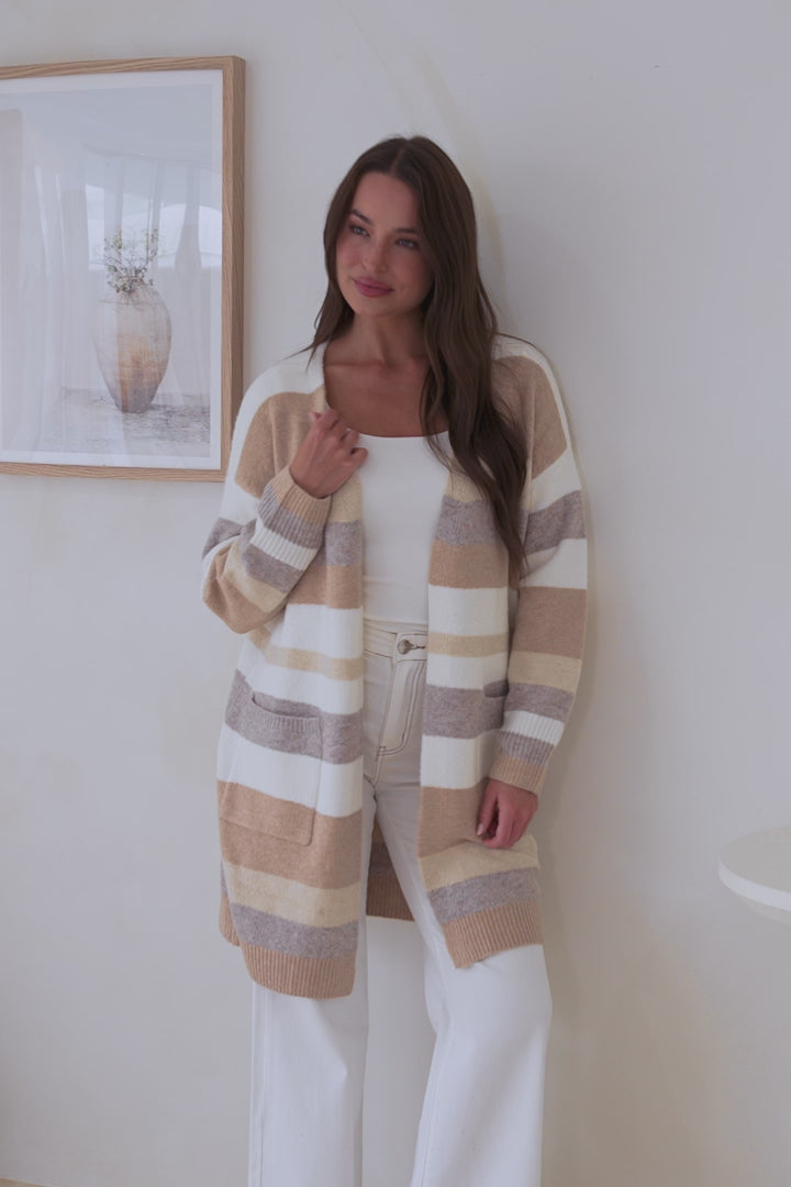 Alfie Cardigan - Open Stripe Knit with Pockets and Rib Knit Trim in Camel