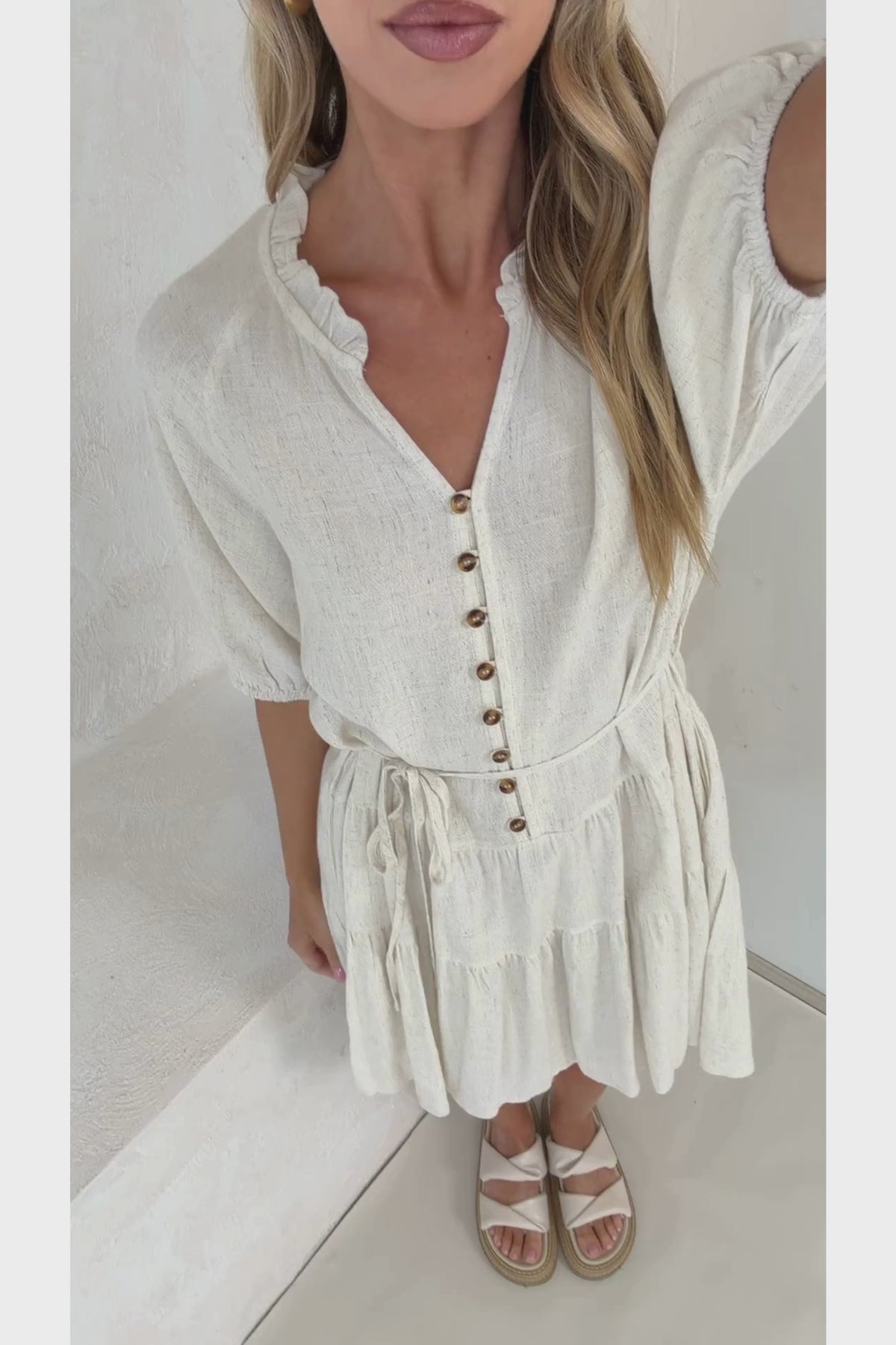 Romie Mini Dress -  Frill Collar V Neck Dress with Matching Waist Tie in Beige