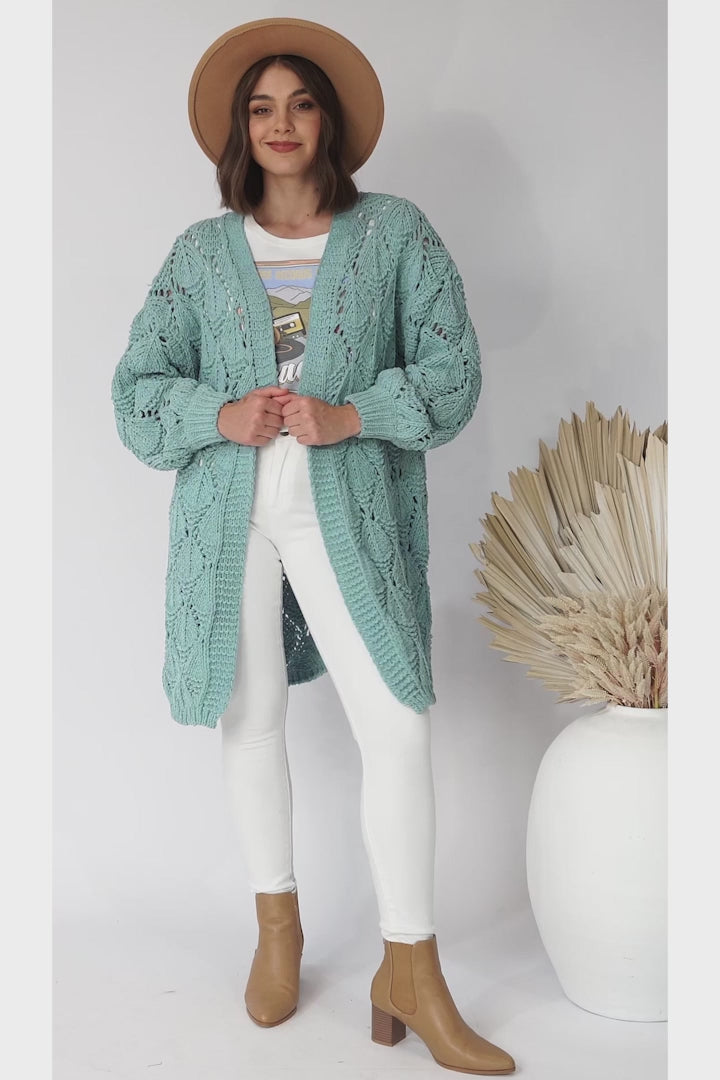 Townsend Cardigan - Open Knit Cardigan with Long Sleeves in Seafoam Green