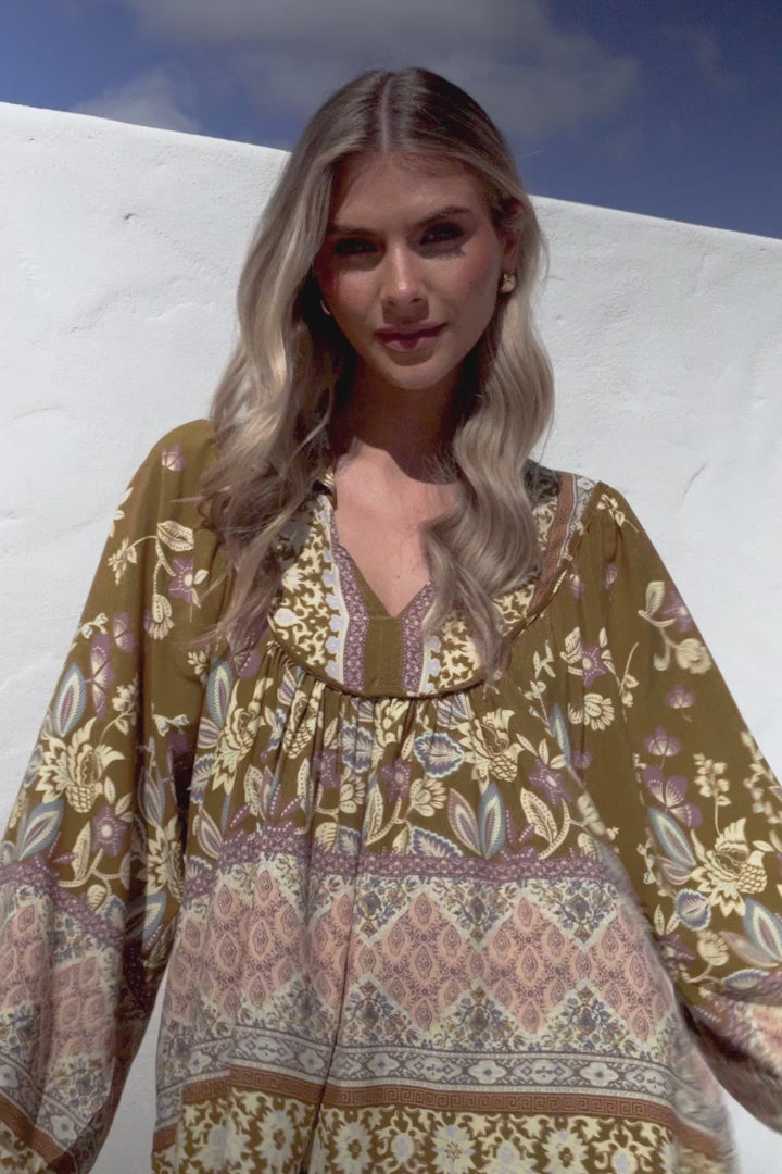 JAASE - Boheme Blouse: Thick Collar Smock Blouse with Long Sleeves in Emre Print