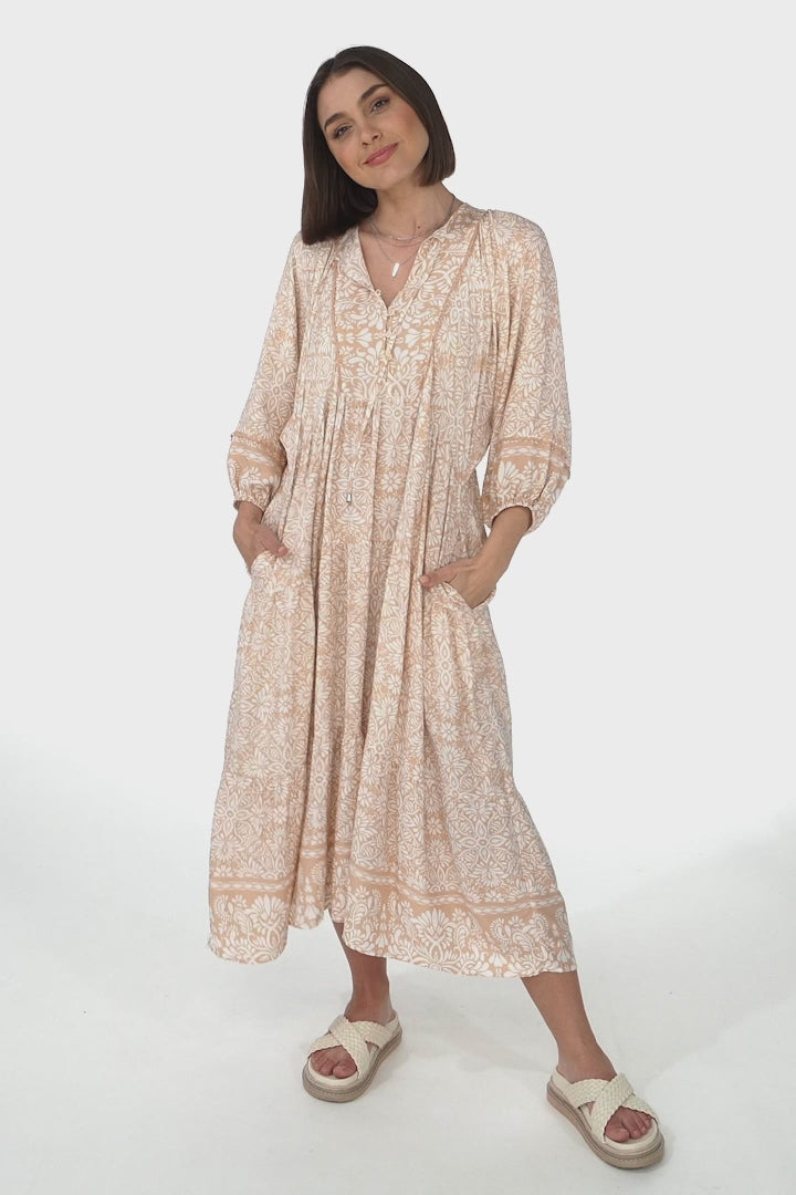 Kamali Midi Dress - Batwing Sleeve Smock Dress with Lace Detailing in Harley Print Beige