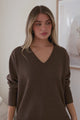 Clarke Jumper - V-Neck Batwing Sleeve Ribbed Step Hemline Knit in Coffee