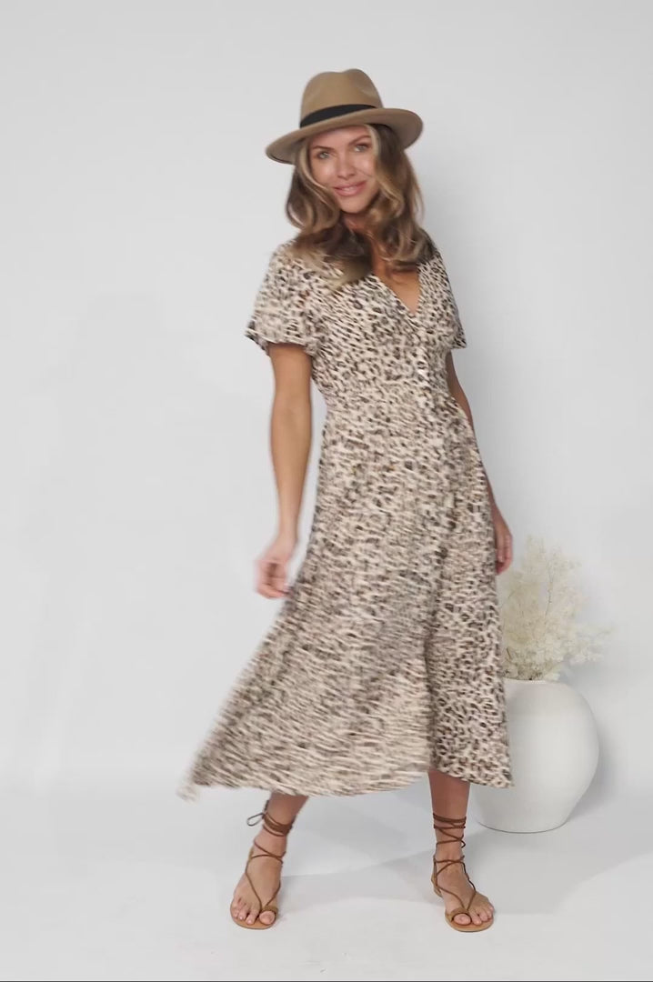 Drielly Midi Dress - Flutter Cap Sleeve Button Down Dress in Perrie Print
