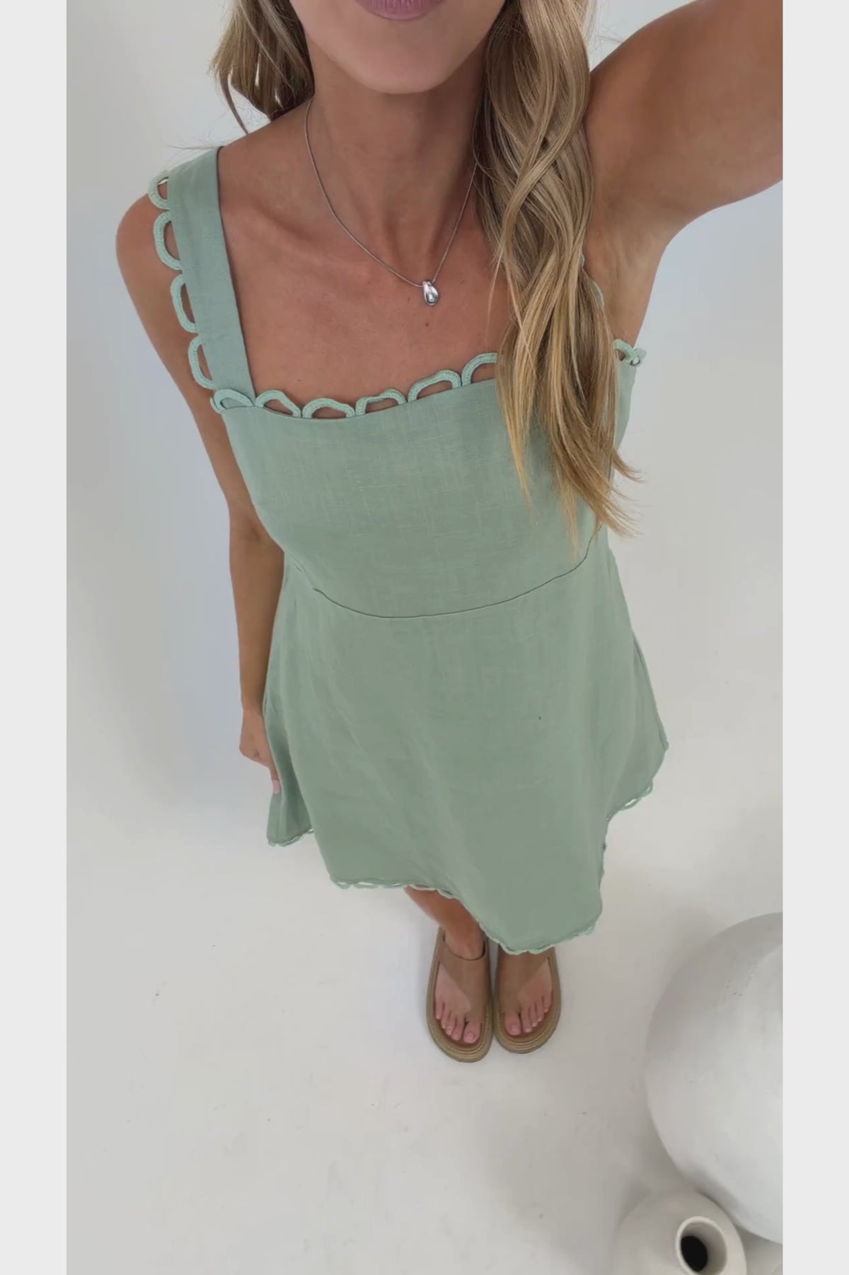 Darla Mini Dress - Scallop Trim Thick Strap Cotton Sun Dress in Khaki