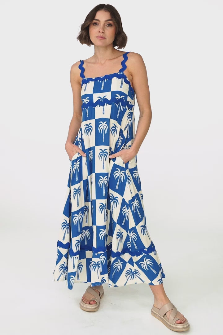 Bailie Maxi Dress - Rick Rack Detailed Sun Dress with Pockets Nohea Print in Blue