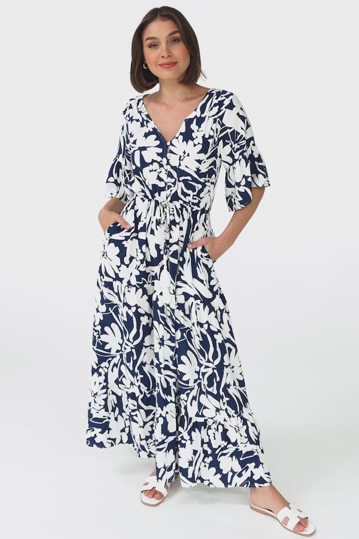 Rae Maxi Dress - Buttoned Bodice Pull Waist A Line Dress in Charis Print Blue