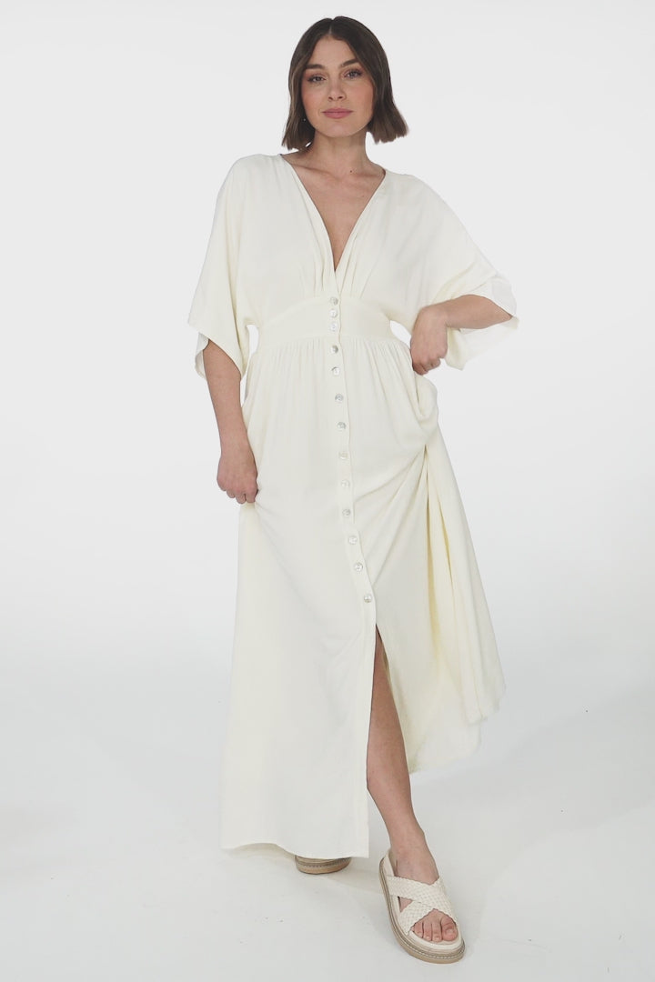 Zyla Maxi Dress -  V Neck Button Down Kimono Sleeve Dress in Cream