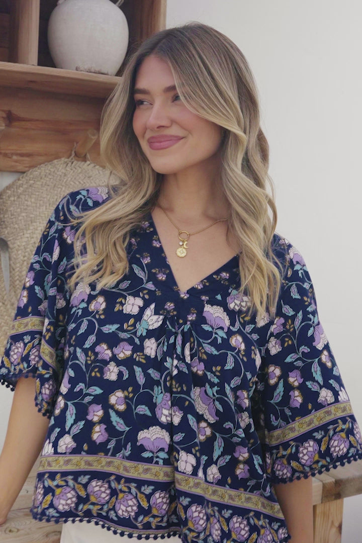 JAASE - Gabriella Top: Mandarin Collar Deep V Neck Crochet Trim Top in Wild Indigo Print