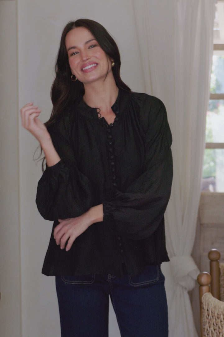 Portia Blouse - Button Down Mandarin Collar Shirt in Black