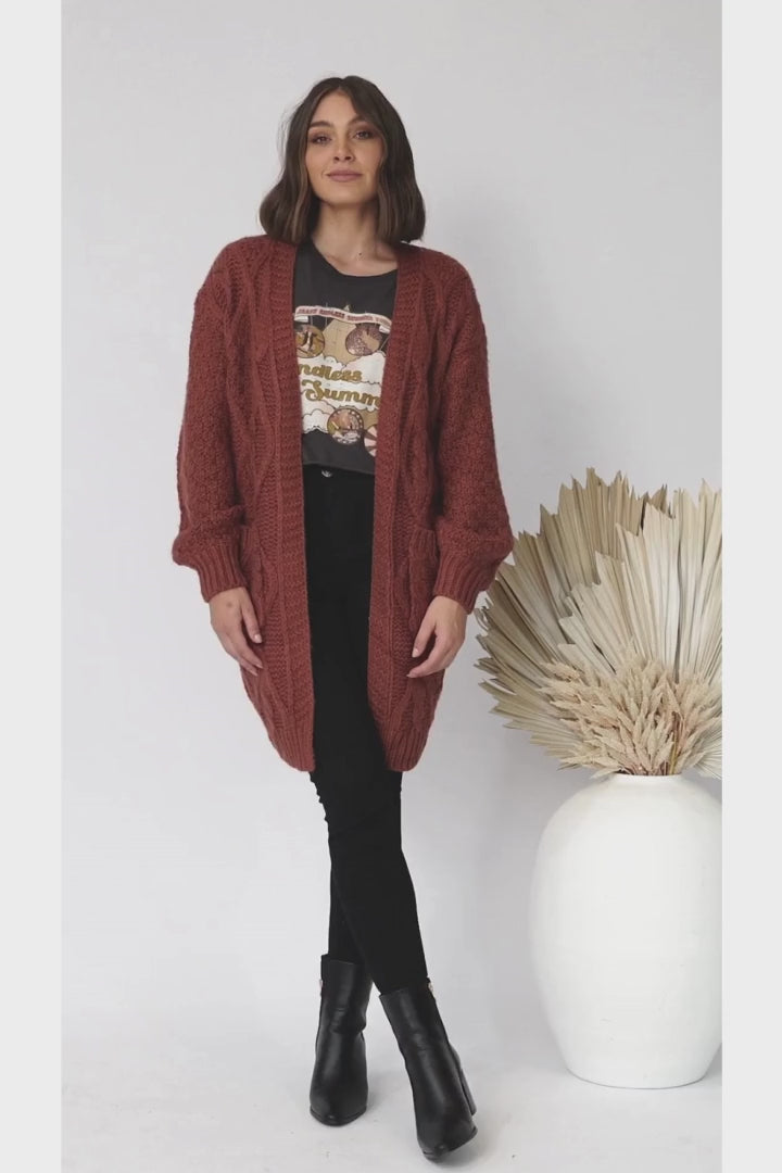 Matty Cardigan - Cable Knit Open Knit Cardigan with Pockets in Wine