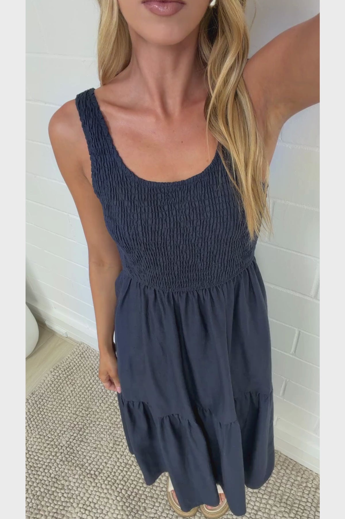 Sarlie Midi Dress - Shirred Bodice Cotton/Linen Blend Tiered Dress in Navy