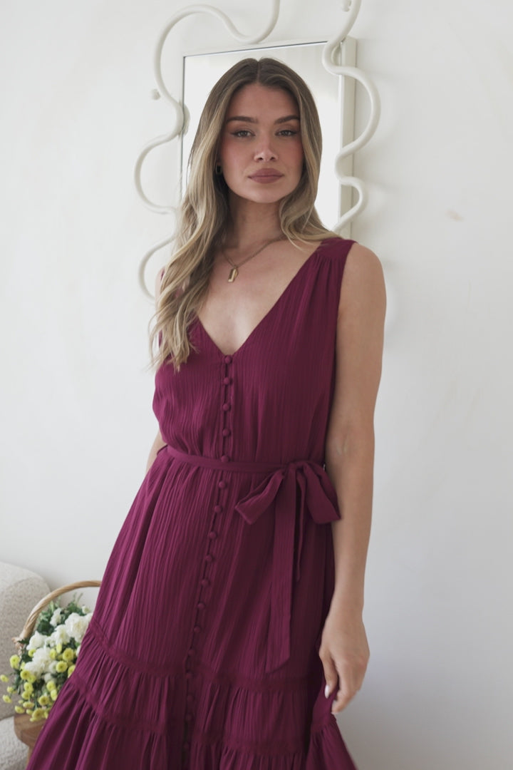 Karen Maxi Dress - Sleeveless Tiered Button Down with Lace Splicing and Waist Tie in Wine