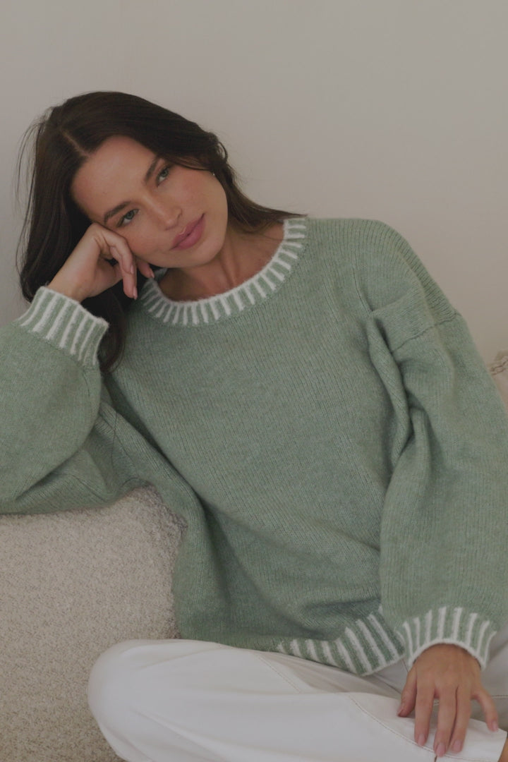 Aura Jumper - Crew Neck Jumper with Contrast Stripe Trim in Green