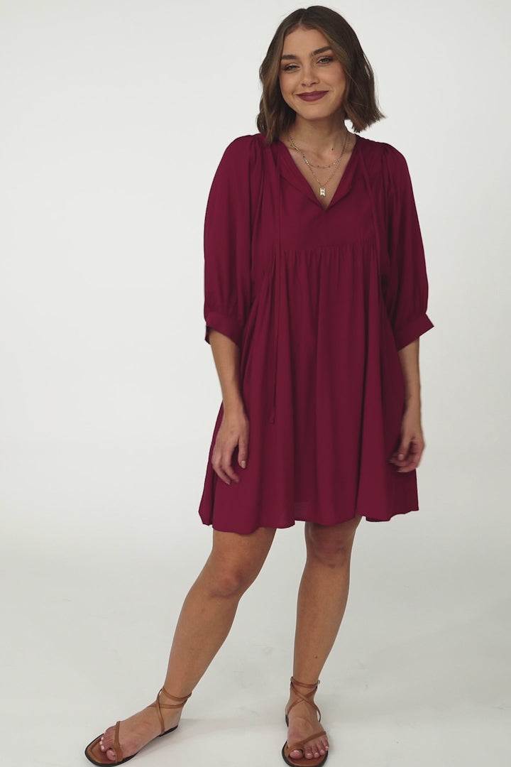 Mariah Midi Dress - V Neck Smock Dress with Batwing Sleeves in Dark Red