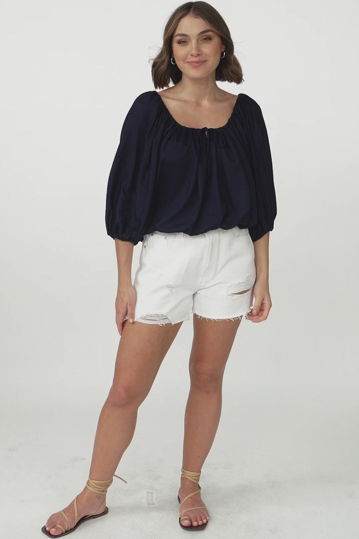 Thelma Top - Multiway Wear Pull In Neckline and Hemline Top in Navy